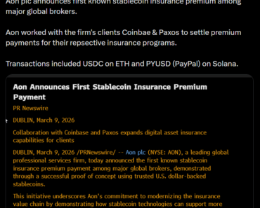 Aon Tests Stablecoin Payments for Insurance Premiums