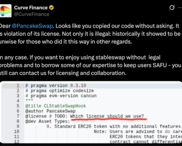 Curve Finance notifies PancakeSwap of a licensing violation