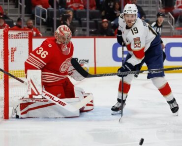 Matthew Tkachuk’s hat trick put the Panthers ahead of the Red Wings.