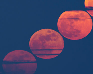 The full moon in March glows red through Saharan dust in an eerily composite view
