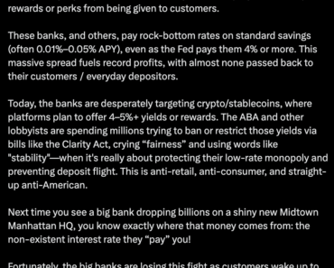 Trump’s son echoes the president’s anti-banking message as he tackles Stablecoin yields