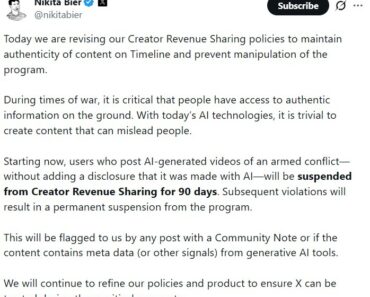 X targets undisclosed videos of AI conflicts with revenue bans